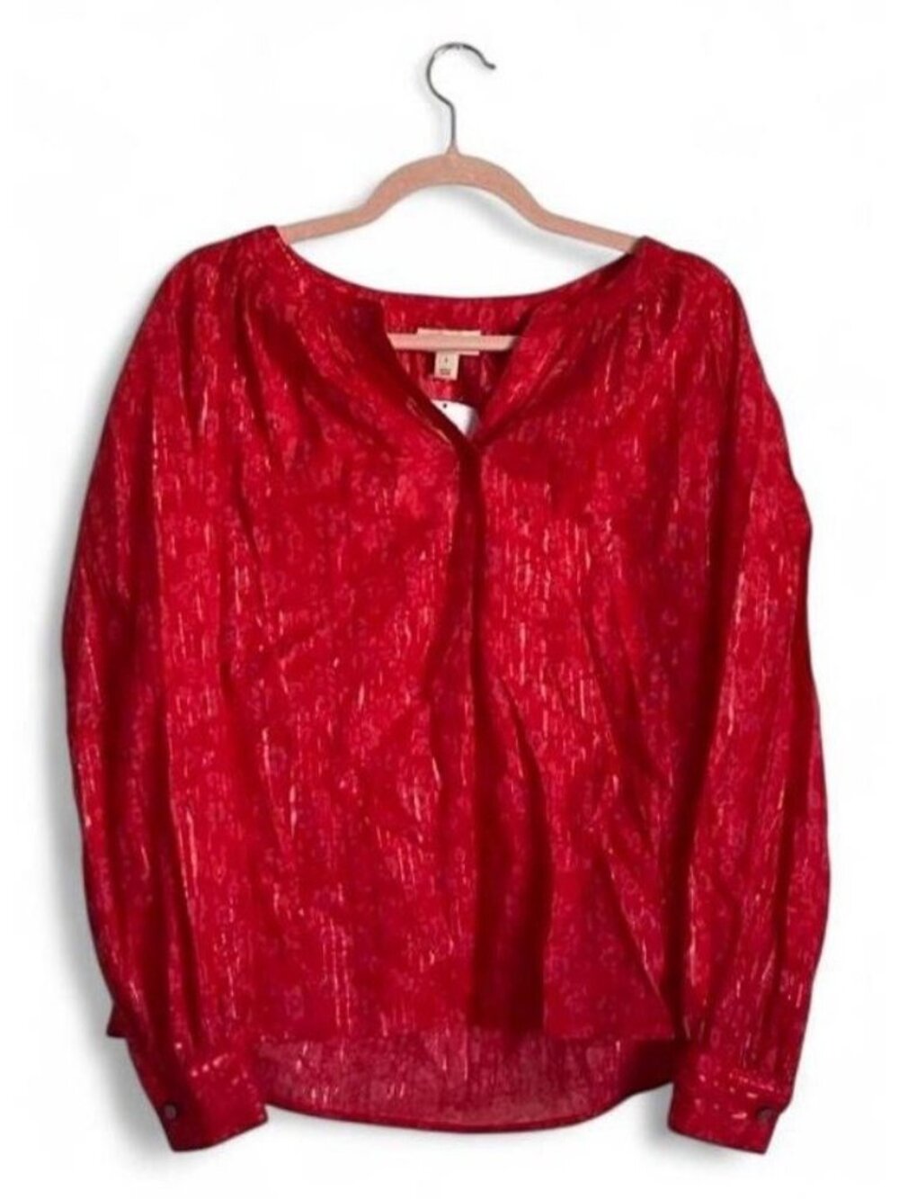 NWT Style & Co Red Split Neck Top Gold Thread Flower Stripe Detail Boho Size S
